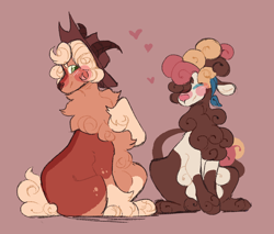 Size: 2000x1700 | Tagged: safe, artist:ghostunes, oc, oc only, oc:honey bun, oc:maple oak, cow, lamb, sheep, bandana, blushing, chest fluff, cowboy hat, curly hair, eyes closed, floppy ears, hat, heart, hoof fluff, hoof on chest, horns, in love, leonine tail, multicolored mane, red background, simple background, sitting, smiling, spots, tail