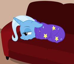 Size: 2047x1757 | Tagged: safe, artist:badumsquish, derpibooru exclusive, trixie, pony, unicorn, g4, behaving like a dog, blanket, blanket burrito, chillaxing, comfy, couch, cozy, cute, diamonds, diatrixes, female, floppy ears, lidded eyes, mare, nap, relaxed, relaxing, show accurate, sleepy, smiling, snug, solo, stars, wrapped up