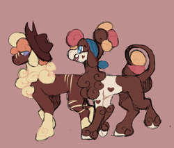 Size: 2000x1700 | Tagged: safe, artist:ghostunes, oc, oc only, oc:honey bun, oc:sweet nectar, cow, hybrid, lamb, sheep, bandana, bedroom eyes, chest fluff, conversation, cowboy hat, hat, heart, hoof fluff, hybrid oc, leonine tail, looking at each other, looking at someone, moody, multicolored hair, open mouth, raised hoof, raised leg, red background, simple background, stripes, tail, unamused, walking