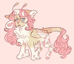 Size: 1433x1240 | Tagged: safe, artist:ghostunes, fluttershy, deer, deer pony, hybrid, original species, pegasus, pony, g4, antenna, bedroom eyes, beige background, chest fluff, curly hair, design, ear fluff, floppy ears, flower, freckles, hoof fluff, leonine tail, looking at you, o mouth, paws, redesign, shy, simple background, spots, tail, two toned mane, wing fluff, wings