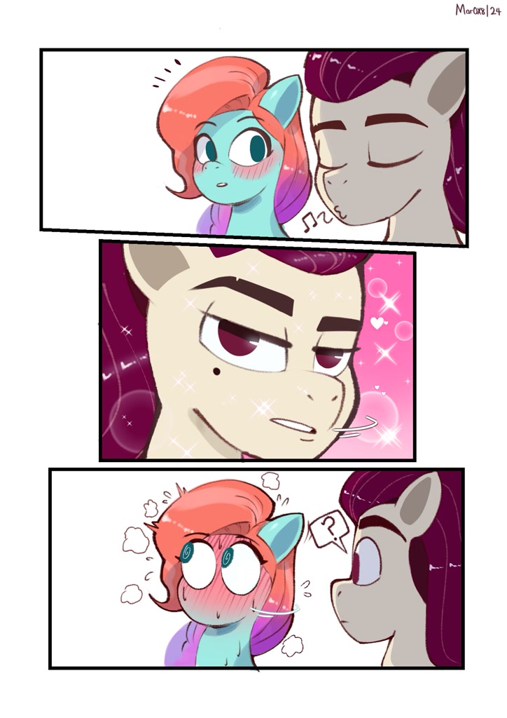 [bedroom eyes,blushing,comic,confused,cute,duo,earth pony,eyes closed,female,g5,handsome,heart,jazz hooves,male,mare,music notes,nervous,oblivious,pegasus,pony,safe,shipping,sparkles,stallion,straight,sweat,swirly eyes,beauty mark,infatuation,blushing profusely,floating heart,canon ship,3 panel comic,spoiler:g5,duo male and female,2024,my little pony: tell your tale,spoiler:my little pony: tell your tale,artist:mar0x8,rocky riff,ship:rockjazz,spoiler:tyts02e04,jazz hearts rocky]