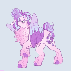 Size: 1500x1500 | Tagged: safe, artist:ghostunes, princess flurry heart, alicorn, pony, g4, alternate cutie mark, alternate universe, chest fluff, colored wings, crystal, crystal heart, crystal horn, disguise, disguised changeling, floppy ears, gradient, gradient hooves, hair bun, hoof fluff, horn, looking at you, multicolored hair, multicolored mane, multicolored wings, redesign, shy, simple background, spread wings, story included, teal background, wings
