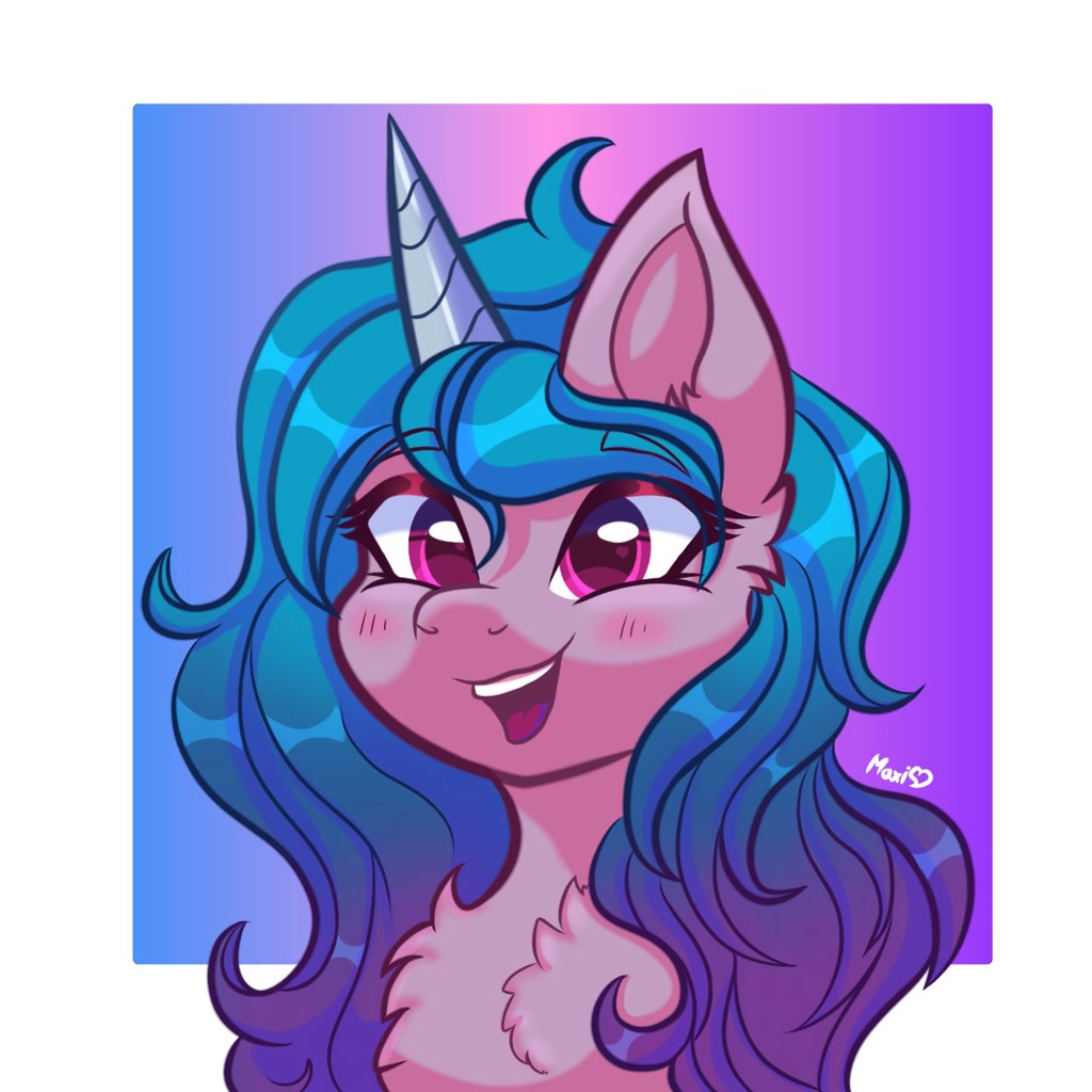 [blushing,bust,chest fluff,female,g5,heart,heart eyes,horn,mare,open mouth,pony,portrait,safe,signature,solo,unicorn,wingding eyes,tongue out,smiling,open smile,izzy moonbow,passepartout,artist:maxi_ponie]