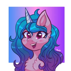 Size: 1280x1280 | Tagged: safe, artist:maxi_ponie, izzy moonbow, pony, unicorn, g5, blushing, bust, chest fluff, cute, female, happy, heart, heart eyes, horn, izzybetes, mare, open mouth, open smile, passepartout, portrait, signature, smiling, solo, tongue out, wingding eyes