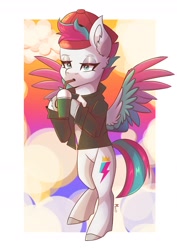 Size: 1240x1754 | Tagged: safe, artist:maxi_ponie, zipp storm, pegasus, pony, g5, cup, drink, drinking, drinking straw, female, flying, hat, hoof hold, lidded eyes, mare, signature, solo, spread wings, tail, unshorn fetlocks, wings