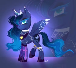 Size: 1183x1053 | Tagged: safe, artist:maxi_ponie, gameloft, princess luna, alicorn, pony, g4, my little pony: magic princess, clothes, crown, ear piercing, earring, edgy luna, eyeliner, eyeshadow, female, hair over one eye, hoof shoes, horn, jewelry, makeup, mare, peytral, piercing, princess shoes, raised leg, regalia, signature, socks, solo, spread wings, tail, wing jewelry, wings