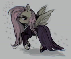 Size: 1500x1250 | Tagged: safe, artist:r0kuuxd, fluttershy, pegasus, pony, g4, clothes, dress, female, fluttergoth, gray background, lidded eyes, mare, simple background, solo, spread wings, wings
