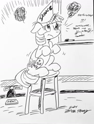 Size: 1280x1683 | Tagged: safe, artist:debmervin, twilight sparkle, alicorn, g4, black and white, dunce hat, grayscale, hat, monochrome, mouse hole, school of friendship, sitting, solo, stool, twilight sparkle (alicorn), whiteboard