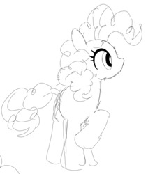 Size: 640x721 | Tagged: safe, artist:hobonkers, pinkie pie, earth pony, pony, g4, female, frown, mare, monochrome, raised hoof, simple background, sketch, solo, standing, sweat, sweatdrop, white background