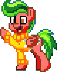 Size: 400x500 | Tagged: safe, oc, oc only, oc:feather foot, pegasus, pony, pony town, boop, clothes, food, happy, hazel eyes, male, manepxls, milestone, pixel art, pxls.space, simple background, solo, stallion, sweater, transparent background, watermelon