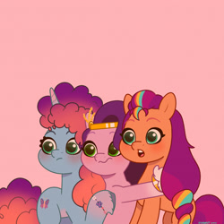 Size: 2480x2480 | Tagged: safe, artist:starburstuwu, misty brightdawn, pipp petals, sunny starscout, earth pony, pegasus, pony, unicorn, g5, adorapipp, blushing, bracelet, cute, female, friendship bracelet, high res, hug, jewelry, mane stripe sunny, mare, mistybetes, open mouth, pink background, rebirth misty, security hug, simple background, sunnybetes, trio, trio female, wavy mouth