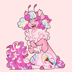 Size: 1500x1500 | Tagged: safe, artist:ghostunes, pinkie pie, earth pony, original species, pony, g4, alternate design, alternate universe, antenna, beige background, chest fluff, design, freckles, happy, hoof fluff, looking up, multicolored hair, multicolored mane, one eye closed, open mouth, paintbrush, paws, raised hoof, redesign, simple background, sitting, smiling, spots, wink, yellow background