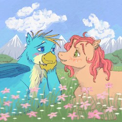Size: 2048x2048 | Tagged: safe, artist:universalheart, gallus, oc, oc:summerfree apple, earth pony, griffon, pony, g4, blushing, canon x oc, duo, earth pony oc, looking at each other, looking at someone