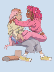 Size: 1536x2048 | Tagged: safe, artist:universalheart, fluttershy, pinkie pie, human, g4, blue background, blushing, bow, clothes, dark skin, duo, ear piercing, earbuds, elf ears, female, hair bow, hoodie, humanized, lesbian, looking at each other, looking at someone, midriff, mismatched socks, piercing, ship:flutterpie, shipping, shoes, shoes removed, simple background, sitting on lap, smiling, socks, stocking feet, tan skin