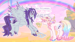 Size: 2012x1135 | Tagged: safe, artist:puroperopony, oc, pegasus, pony, unicorn, chest fluff, cookie, duo, food, speech bubble, text