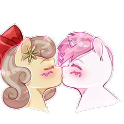 Size: 800x800 | Tagged: safe, artist:iamsmileo, oc, oc only, oc:dandelion "buttercup", oc:sweet irony, pony, unicorn, blushing, bow, bust, eyes closed, flower, flower in hair, hair bow, kiss on the lips, kissing, simple background, transparent background