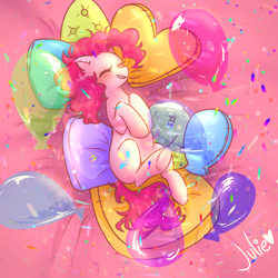Size: 1000x1000 | Tagged: safe, artist:julieee3e, derpibooru exclusive, pinkie pie, earth pony, pony, g4, balloon, confetti, cute, diapinkes, eyes closed, female, happy, lying down, mare, party, smiling, solo