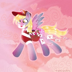 Size: 3000x3000 | Tagged: safe, artist:toriyami1, derpy hooves, pegasus, pony, g4, female, flower, flying, holiday, letter, mailmare, mare, open mouth, rose, signature, sky background, solo, valentine, valentine's day