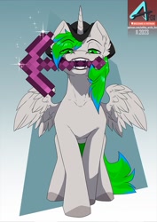 Size: 777x1100 | Tagged: safe, artist:arctic-fox, oc, oc only, oc:tree time, alicorn, pony, alicorn oc, horn, minecraft, mouth hold, pickaxe, solo, wings