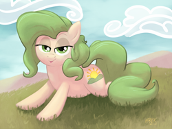 Size: 1200x900 | Tagged: safe, artist:1trick, oc, oc only, oc:bountiful fields, earth pony, pony, field, green mane, looking at you, lying down, prone, smug, solo