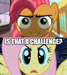 Size: 500x562 | Tagged: safe, edit, edited screencap, screencap, babs seed, fluttershy, pegasus, pony, g4, one bad apple, stare master, caption, image macro, imgflip, stare, text, the stare