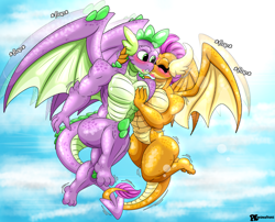 Size: 2227x1800 | Tagged: safe, artist:pkanimationsda, smolder, spike, dragon, anthro, digitigrade anthro, g4, barbie doll anatomy, beefspike, blushing, cheek kiss, commission, dragoness, duo, duo male and female, female, flapping wings, flying, high res, kissing, male, muscles, muscular female, muscular male, older, older smolder, older spike, ship:spolder, shipping, straight, swolder, winged spike, wings
