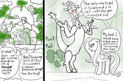 Size: 3024x1992 | Tagged: safe, artist:biggassystories, discord, fluttershy, draconequus, pegasus, pony, g4, blushing, comic, dialogue, fart, fart fetish, female, fetish, fluttershy's cottage, male, mare