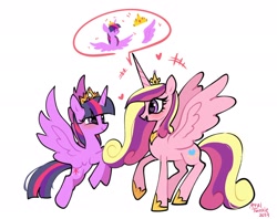 Size: 2048x1623 | Tagged: safe, artist:petaltwinkle, princess cadance, twilight sparkle, alicorn, pony, g4, crown, duo, duo female, female, jewelry, mare, regalia, simple background, sisters-in-law, speech bubble, twilight sparkle (alicorn), white background, wings