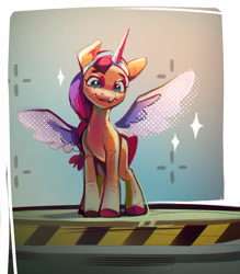 Size: 2480x2834 | Tagged: safe, artist:annna markarova, sunny starscout, earth pony, pony, g5, alicorn costume, canterlogic factory, caution tape, costume, cute, fake horn, fake wings, female, foreshadowing, indoors, looking at you, mare, smiling, solo, sunnybetes