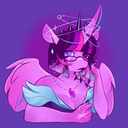 Size: 1700x1700 | Tagged: safe, artist:sarpiza_, twilight sparkle, alicorn, anthro, g4, bare shoulder portrait, bare shoulders, breasts, bust, busty twilight sparkle, cleavage, crown, female, glasses, gradient background, hand on chin, heterochromia, horn, horn ring, jewelry, looking at you, mare, necklace, portrait, regalia, ring, solo, twilight sparkle (alicorn)