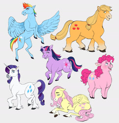 Size: 1485x1530 | Tagged: safe, artist:tuherrus, applejack, fluttershy, pinkie pie, rainbow dash, rarity, twilight sparkle, classical unicorn, earth pony, pegasus, pony, unicorn, g4, chubby, cloven hooves, diverse body types, facial hair, female, goatee, gray background, group, hoers, horn, leonine tail, lying down, mane six, mare, rearing, simple background, spread wings, unicorn twilight, unshorn fetlocks, wings