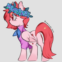 Size: 4096x4096 | Tagged: safe, artist:metaruscarlet, oc, oc only, oc:metaru scarlet, pegasus, pony, clothes, floral head wreath, flower, flower in hair, folded wings, gray background, pegasus oc, simple background, solo, wings