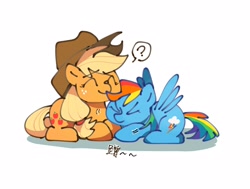 Size: 2868x2173 | Tagged: safe, artist:pipicangshuya32397, applejack, rainbow dash, earth pony, pegasus, pony, g4, cuddling, duo, female, lesbian, lying down, mare, ponyloaf, prone, ship:appledash, shipping, simple background, smiling, white background