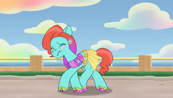 Size: 3072x1727 | Tagged: safe, screencap, jazz hooves, earth pony, pony, g5, jazz hearts rocky, my little pony: tell your tale, spoiler:g5, spoiler:my little pony: tell your tale, spoiler:tyts02e04, blushing, dancing, eyes closed, female, frown, mare, solo, sweat, sweatdrop