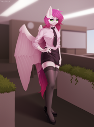 Size: 1700x2300 | Tagged: safe, artist:villjulie, oc, oc only, oc:ellie berryheart, pegasus, anthro, claws, clothes, eyeshadow, female, green eyes, high heels, lightning, lipstick, makeup, necktie, office, serious, shirt, shoes, skirt, solo, stockings, thigh highs, window, wings
