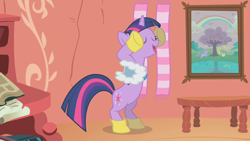 Size: 1280x720 | Tagged: safe, screencap, twilight sparkle, unicorn, g4, winter wrap up, bipedal, clothes, eyes closed, galoshes, golden oaks library, saddle, scarf, solo, striped scarf, tack, unicorn twilight