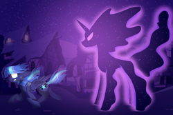 Size: 1900x1267 | Tagged: safe, artist:gallantserver, tantabus, oc, oc:nyx (gallantserver), pegasus, pony, g4, concave belly, duo, height difference, magical lesbian spawn, night, offspring, outdoors, parent:princess luna, parent:twilight sparkle, parents:twiluna, ponyville, running, running away, slender, thin