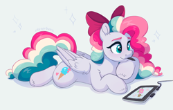Size: 1866x1185 | Tagged: safe, artist:skysorbett, oc, oc only, oc:sky sorbet, pegasus, pony, bow, curly hair, drawing, eyebrows, female, graphics tablet, hair bow, lying down, mare, mouth hold, multicolored hair, pegasus oc, pen, simple background, solo, tablet