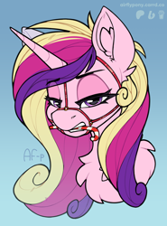 Size: 1406x1900 | Tagged: safe, artist:airfly-pony, princess cadance, alicorn, pony, g4, 2023, bedroom eyes, bridle, candy, candy cane, chest fluff, commission, female, food, gradient background, looking at you, mare, solo, tack, teeth, ych result