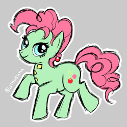 Size: 600x602 | Tagged: safe, artist:ぢぬすな子, pinkie pie, earth pony, pony, g4, androgynous, blue eyes, button, cherry, curls, curly hair, curly mane, ear piercing, earring, eyelashes, female, food, gray background, green skin, jewelry, jojo's bizarre adventure, looking at you, male, noriaki kakyoin, not pinkie pie, piercing, pink hair, pink mane, ponified, simple background, walking