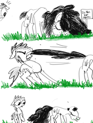 Size: 3000x4000 | Tagged: safe, artist:ja0822ck, earth pony, pony, cartoon physics, eating, female, funny, grass, grass field, herbivore, horses doing horse things, long mane, long tail, mare, simple background, sketch, tail, wat, white background