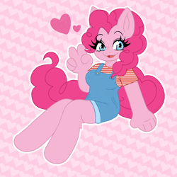 Size: 1000x1000 | Tagged: safe, artist:shunpie, pinkie pie, earth pony, anthro, unguligrade anthro, g4, clothes, female, heart, overalls, peace sign, solo