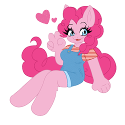 Size: 1000x1000 | Tagged: safe, alternate version, artist:shunpie, pinkie pie, earth pony, anthro, unguligrade anthro, g4, clothes, female, heart, outline, overalls, peace sign, simple background, solo, transparent background, white outline