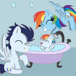 Size: 1400x1400 | Tagged: safe, artist:mrsdashskies, rainbow dash, soarin', oc, oc:rainbow blitz, pegasus, pony, g4, baby, baby pony, bath, colt, female, foal, heartwarming, male, mare, offspring, parent:rainbow dash, parent:soarin', parents:soarindash, ship:soarindash, shipping, stallion, straight