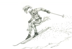Size: 1500x1024 | Tagged: safe, artist:baron engel, double diamond, earth pony, anthro, unguligrade anthro, g4, male, monochrome, pencil drawing, skiing, snow, stallion, traditional art