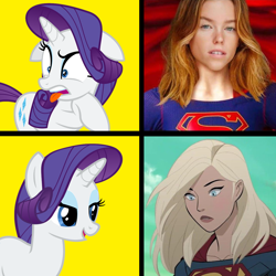 Size: 1300x1300 | Tagged: safe, rarity, human, pony, unicorn, g4, dc comics, disgusted, hotline bling, irl, irl human, live action, meme, movie, photo, supergirl, tongue out
