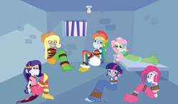 Size: 2400x1400 | Tagged: safe, artist:brightstar40k, applejack, fluttershy, pinkie pie, rainbow dash, rarity, twilight sparkle, alicorn, human, equestria girls, g4, bondage, bound and gagged, cloth gag, clothes, dress, gag, gala dress, humanized, jail, jail cell, long dress, long skirt, over the nose gag, prison, skirt, tied up, twilight sparkle (alicorn)