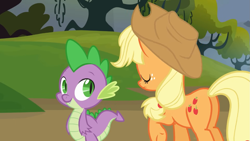 Size: 1319x742 | Tagged: safe, screencap, applejack, spike, dragon, earth pony, pony, g4, spike at your service, applebutt, butt, plot, rear view