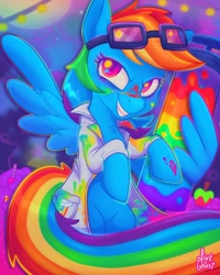 Size: 1080x1350 | Tagged: safe, artist:lilpinkghost, rainbow dash, pegasus, pony, fanfic:rainbow factory, g4, clothes, evil smile, fanfic art, female, goggles, goggles on head, grin, lab coat, liquid rainbow, mare, rainbow factory dash, smiling, solo, spectra, syringe