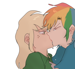 Size: 2980x2737 | Tagged: safe, artist:pipicangshuya32397, applejack, rainbow dash, human, g4, blonde hair, crying, duo, duo female, female, humanized, kissing, lesbian, multicolored hair, rainbow hair, ship:appledash, shipping, simple background, white background
